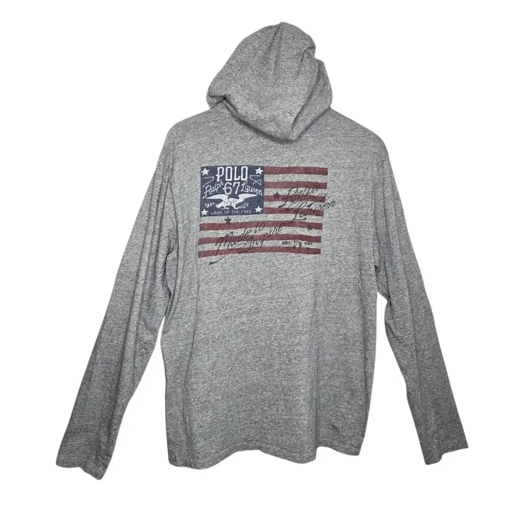 Ralph Lauren Mens Grey 1967 Polo Flag Cotton Hoodie Pullover Sweatshirt SZ L USA
